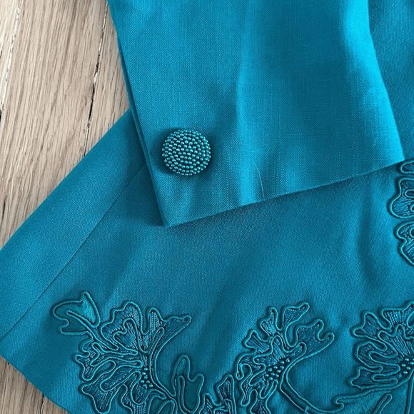 vtg 80s John Meyer of Norwich women's jacket skirt set size green teal 12 rayon - Picture 6 of 13